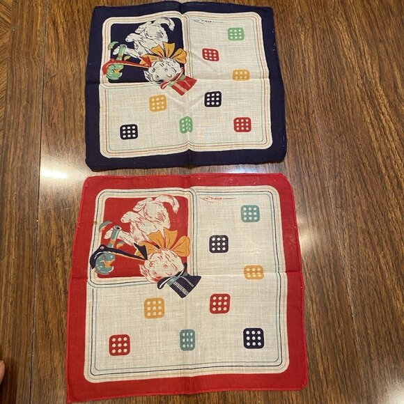 2 Vintage Tom Lamb Kids Hankies Dog Dice Red Blue Favorites 8 1/2" Square - Picture 5 of 8
